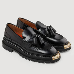 Sandro Thick-Soled Leather Metal Plate Loafers In Black Size 7 7.5 New